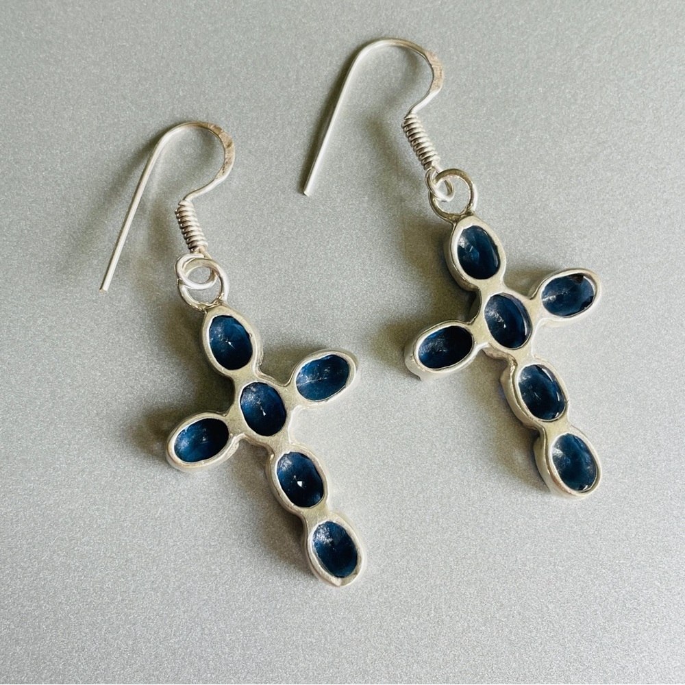 Blue Faux Sapphire (CZ) Dangle Cross Hook Earrings in Sterling Silver Vi… - Picture 4 of 7